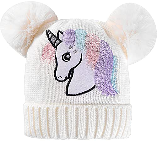 XYIYI Wintermütze mit Bommel, gestrickt, Skimütze, Doppel-Bommel, für 1–10 Jahre alte Jungen und Mädchen, Einhorn, Einheitsgröße