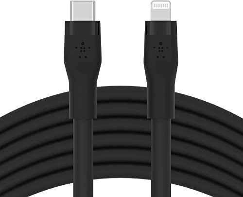 Belkin BoostCharge Flex Silicone USB Type C to Lightning Cable (3M/10ft), MFi Certified 20W Fast Charging PD Power Delivery for iPhone 14/14 Plus, 13, 12, Pro, Max, Mini, SE, iPad and More - Black