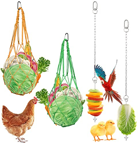 Chicken Veggies Skewer Vegetable Hanging Feeder Toy Chicken Fruit Feeder Chicken Vegetable String Bag, Poultry Fruit Holder Chicken Cabbage Feeder (2 Skewers + Yellow and Green Bags)