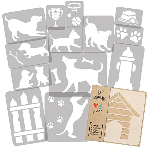 NAKLEO Schablonen Malen für Kinderzimmer, 14 Stück Set 9x12 bis 23x34cm Hunde Tiere, Wiederverwendbare Kunststoff Malvorlage Raumdekoration, Basteln DIY Wand Möbel Papier Stoff