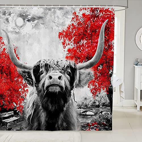 Duschvorhang 120x200 Graues Hochlandrind, Duschvorhänge Antischimmel 3D Kuh-Druck, Shower Curtains Wasserdicht Waschbar, Duschrollo für Badewanne Dusche Badezimmer, mit 8 Ringe