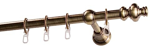 Garesa Gardinenstange Andrea Ø 20mm, 1-läufig, Messing, antik I Stabile Vorhangstange inkl. Ringe + Faltenlegehaken I Mit Endknopf Profil groß I 200cm