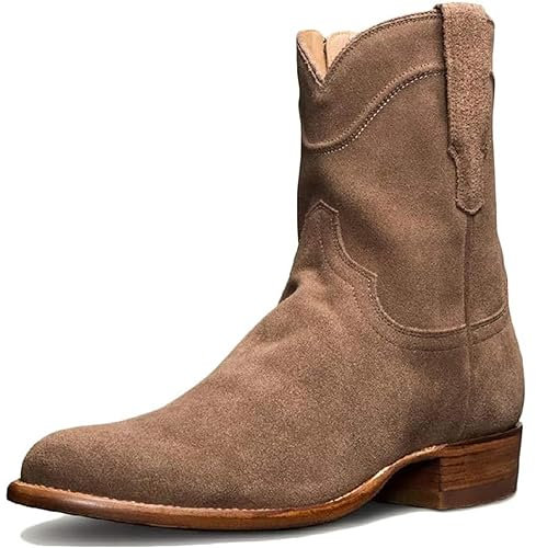 DJFOG Herren Biker Ritterstiefel Wildleder Kurze Stiefel Runde Zehen Reitschuhe Vintage Western Cowboy Stil Große Schuhe mit seitlichem Reißverschluss,Braun,41 EU