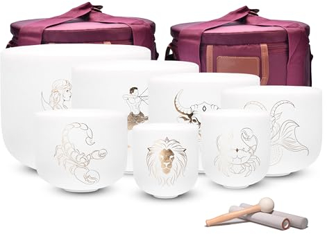 Alioth 8-14 inch Set of 7 Zodiac Crystal Singing Bowls with Heavy Duty Carrying Cases and Singing Bowl Mallets, Zodiac 7 Set 8-14 inch