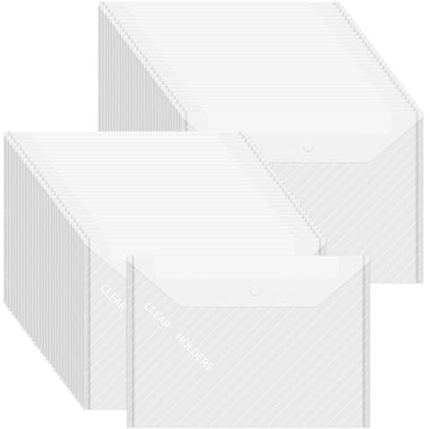 VIDETOL Lot de 60 porte-documents A4 en plastique avec bouton pression - Blanc transparent - Porte-documents A4 pour papier, reçus et documents