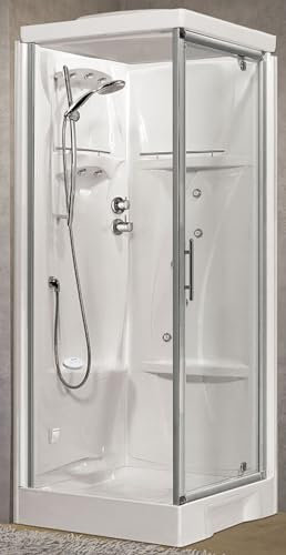 Novellini New Holiday GF80 Hammam 80 x 80 cm Cabine de douche multifonction ouverture battante mitigeur thermostatique verre transparent profil argent réversible hydromassage sauna tige hauteur 225,5
