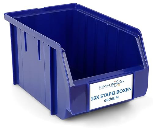 HMH Stapelboxen der Größe M 230x150x130mm für dein Kleinteilelager Sichtlagerkästen in 5 Farben Zubehör wie Deckel Trennsteg Etikett Wandschiene Sortierkisten (Blau, 18 Stück)