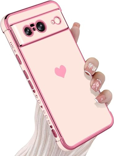 LSOUGUK Compatible with Google Pixel 8 Case,Love Heart Pattern Electroplated Design Soft TPU Shockproof Protective Phone Case Full Camera Lens Protection Cover for Google Pixel 8-Pink