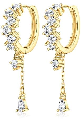 Adramata Damen Ohrringe Silber 925 Hängend Ohrringe Creolen Glitzer Creolen mit Anhänger Statement Ohrringe Tropfen Quaste Kette Ohrhänger Klein Creolen Rosegold Gold Silber Ohrringe Damen Frauen