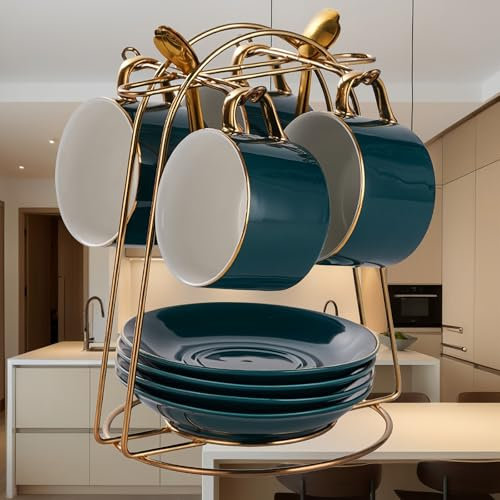 HSTWODE-Tassen & Untertassen von 4 (150 ml), Luxus-Teetasse Set mit goldenen Trimm, Kaffeetasse mit Henkel, britischer Königlicher Porzellan Tassen(Handbemaltes Brillantblau)