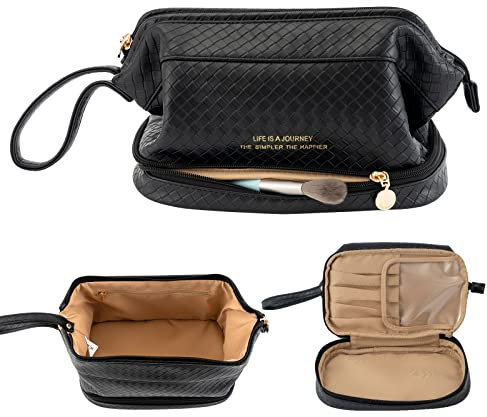Abiudeng Kosmetiktasche Kulturtasche Kulturbeutel-Damen Schminktasche Groß Wasserdicht Make up Organizer Tasche Reisen Kosmetiktasche mit Pinselfach Make up Tasche Klein für Frauen-B-Schwarz