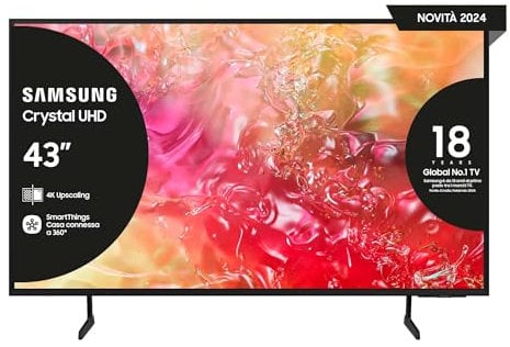 Samsung TV UE43DU7190UXZT LED 4K, Smart TV 43 Crystal Processor 4K, Slim Look, DVBT-2, Q-Symphony & OTS Lite, Integrato con Bixby, compatibile con Alexa e Google Assistant, Black 2024