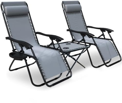 VOUNOT Zero Gravity Chair with Side Table, Set of 2, Deck Folding Recliner Sun Loungers Outdoor Chair with Cup and Phone Holder, Grey
