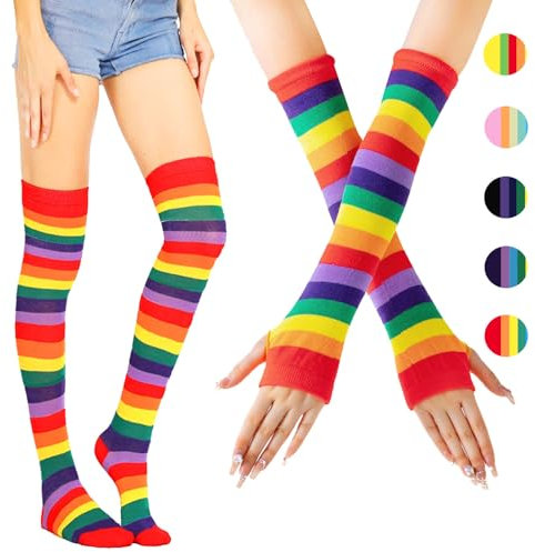 AUNGCSHE 2-Teiliges Set, 1 Damen Gestreifte Overknees Strümpfe, 1 Regenboge Handschuhe, Kniestrümpfe Regenboge, Fingerlose Handschuhe, Kostüm für Weihnachten Karneval Warm Halten(Rot)