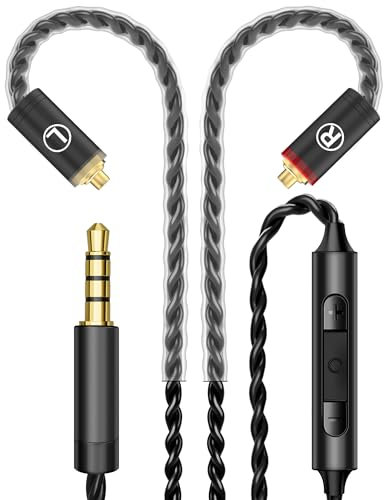 Premium HiFi IEM Cable with Mic – Silver-Plated 3.5mm to MMCX Cable - Lossless Sound for Shure SE215/315/425/535/846 & Vibes 201/202 - Tangle-Free in-Ear Monitor Cable - 55 Black (HC001M)