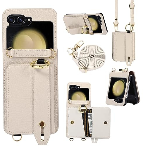 XMTON Case für Samsung Galaxy Z Flip 6 Hülle Crossbody mit Brieftasche [Kartenfächern] [Ring Ständer] Handschlaufe Geldbörse Handyhülle Slim Dünn Leder Cover für Samsung Galaxy Z Flip 6, Weiß