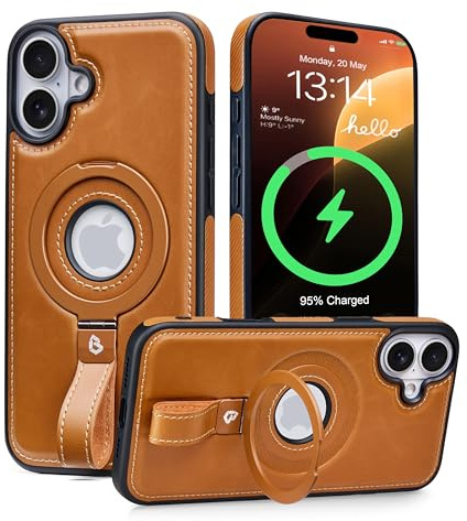 BUTAIGA Schutzhülle für iPhone 16, Leder, mit Ständer, kompatibel mit MagSafe mit magnetischem Ringgriff (Braun, IP 16-6,1 Zoll)