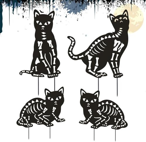 Poteaux de jardin pour chats noirs d'Halloween, panneau extérieur avec chats noirs d'Halloween,Ensemble de 4 ornements de jardin pour chats en métal - Décoration de pelouse avec silhouette de chat sc