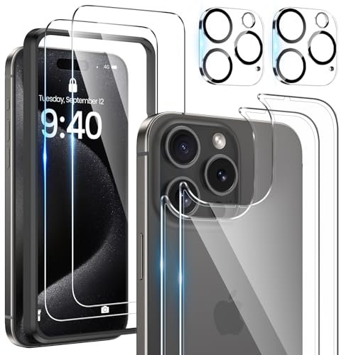 HWeggo [Upgrade [6 in 1] for iPhone 15 Pro Max Screen Protector(6.7 inch),for iPhone 15 Pro Max Back Screen Protector and Front Screen Protector with Camera Lens Protector [2+2+2 Pack], Tempered Glass
