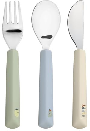 LÄSSIG Kinderbesteck Set 3-teilig Gabel, Löffel, Messer Edelstahl Silikongriff/Cutlery with Silicone Handle Happy Fruits Lemon