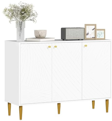 HOMCOM Buffet, Meuble de Rangement, avec 2 Placard, 3 Portes à Lignes sculptées, étagères Ajustables, Pieds dorés en Acier, Blanc