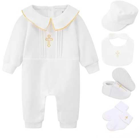 TJCONETJC Baby Boy Girl Baptism Outfit Infant Christening Outfit with Shoes & Socks 5Pcs (Style1, 0-3m)