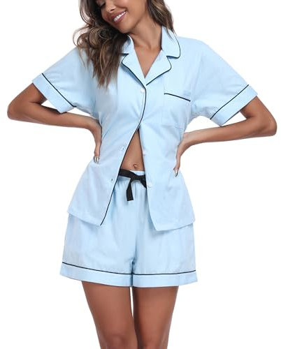 COLORFULLEAF Women's Pyjama Sets Cotton Pjs Two Piece Soft Short Sleeve Pyjamas for Women Button Down Nightwear Loungewear (Light Blue,M)
