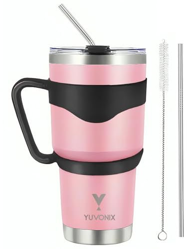 YUVONIX Stainless Steel Tumbler with Straw – Insulated Cup with Lid & Reusable Straw, Perfect for Hot & Cold Drinks. Durable and Stylish for Everyday Use. (Pink)