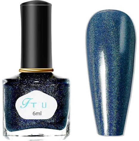 Holographic Nail Polish - Blue Nail Polish - Glitter nail Varnish Quick Dry - 60 Seconds Air Dry Nail polish No Bake UV - Breathable nail Polish Non Chip Long Lasting for Women Girls