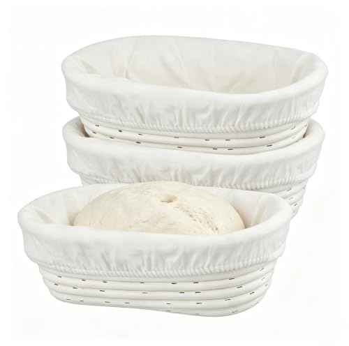 KOHAND 3 Pack 25cm Bread Proofing Baskets, Oval Sourdough Proving Basket with Linen Liner, Banneton Proofing Basket for Professional Home Bakers