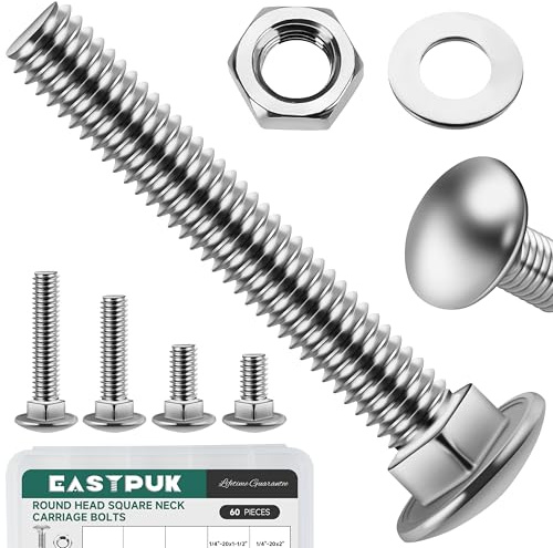 EASTPUK 60Pcs 1/4-20 Carriage Bolts Assortment Kit with Nuts and Washers, 304 Stainless Steel Round Head Square Neck 1/4 Carriage Bolts and Nuts Kit, Full Thread for Outdoor