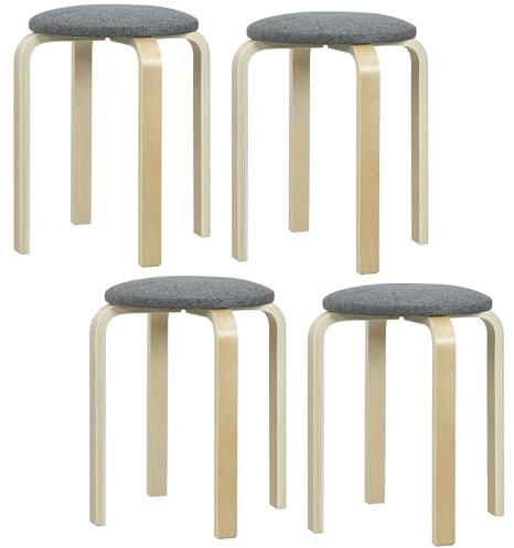 HOMCOM Juego de 4 Taburetes Apilables Redondos Taburetes Bajo de Cocina de Madera con Asiento Acolchado para Comedor Dormitorio Oficina Salón Gris y Natural