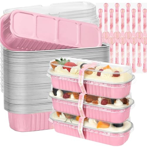 Junfete 50pcs Mini Loaf Pans for Baking with Lids and Spoons, Rectangular Aluminum Foil Baking Pans Mini Cheesecake Containers 6.8oz Valentine's Day(Pink)