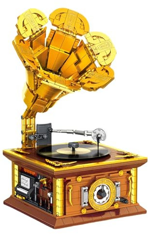 Vintage-Grammophon Bausteine , 1112 Stück Mechanismus Grammophon Klemmbausteine Spielzeug, Retro-Musikspieler Sammlermodell für Home Office Dekor, Geschenkideen für Erwachsene Kinder im Alter von 6+