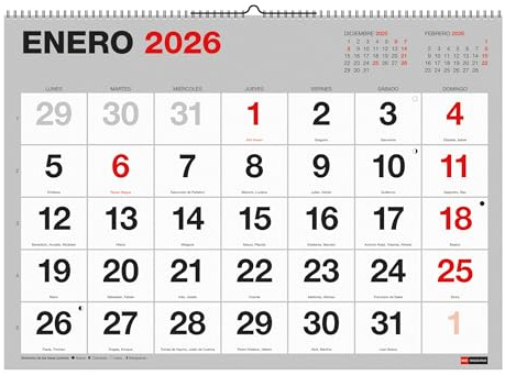 Miquelrius Wandkalender 2026 Basic, Jahresplaner 590 x 420 mm, mit Notizfeld, große Zahlen, Doppelspiralbindung, Planer 12 Monate, XL, Spanisch