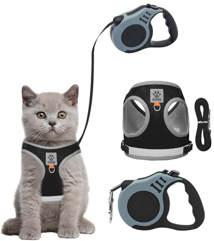 Bindokun Cat Harness and Lead Set, Escape Proof Kitten Harness with Cat Leash, 16.4 Ft / 5 M Automatic Retractable Cat Lead for Garden, Reflective Adjustable Soft Vest for Small Cat Walking (Black, M)
