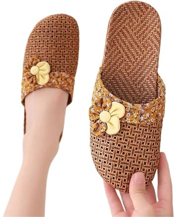 GMGQJST Zapatillas De Paja para Mujer Pantuflas De Lino For Mujer, De Madera, con Esterilla De Paja, For Interiores(Yellow,33-34)