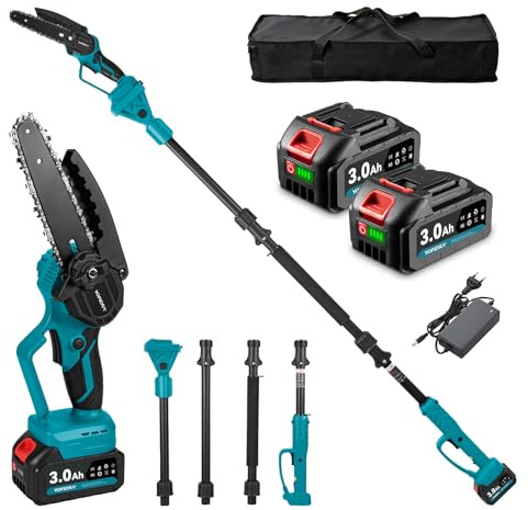 Yofidra 2 en 1 Motosierra Inalámbrica, Motosierra Telescópica Eléctrica de 6 Pulgadas con 2 Baterías de 3.0Ah, Poste Desmontable de hasta 4.6M, para Cortar Ramas de Árboles