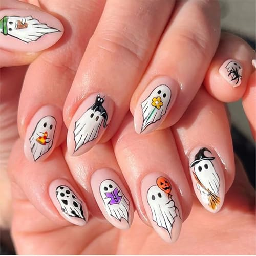 Almond False Nails - Halloween Stick On Nails - 24pcs Halloween Fake Nails White Cute Ghost Design - Acrylic Glue On Nails For Women halloween Party