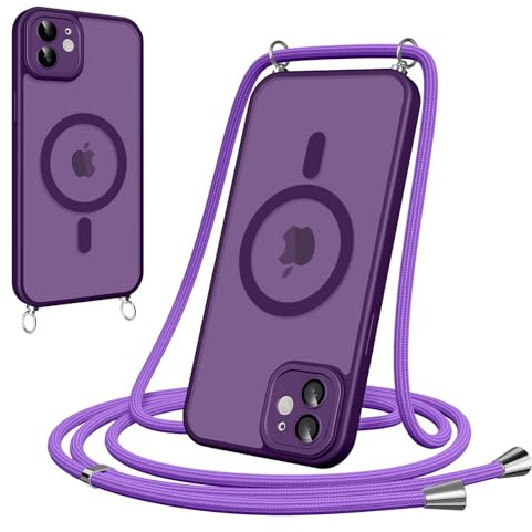 Pnakqil Magnetische Handyband mit Band für iPhone 11 Hülle -Necklace HandyHülle Durchscheinende mit Kameraschutz,justierbarer und Abnehmbarer Kette,Crossbody Magnet Cover,Lila