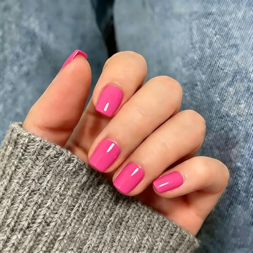 KQueenest Press On Nails Short Square, 30 Pcs 15 Sizes Hot Pink False Nails Short, Reusable Thick Fake Nails Press ons, Vibrant Stick on Nails for Women Everyday Elegance, Fushia