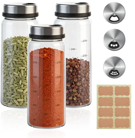 AKINSTER Lot de 3 pots à épices en verre de 300 ml avec couvercle rotatif - Grand pot à épices hermétique - Avec 3 types de trous à épices - Pour cuisine, barbecue, cuisson