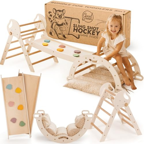 Goodevas 5-in-1 Montessori Climbing Set:Indoor Climbing Triangle, Climbing Arch with Cushion and Slide for Kids, Indoor Playground 1-3 Years Old