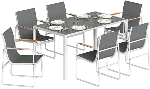 Outsunny 7-teiliger Gartentisch- und Stuhl-Set Weiß und Grau