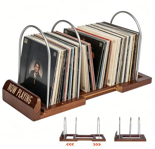Yalitrca Adjustable Vinyl Record Storage Stand, Expandable LP Holder for 30–70 Albums, Wood & Metal Record Rack with Now Playing Display, Desktop Vinyl Organizer for Albums and Music Lovers