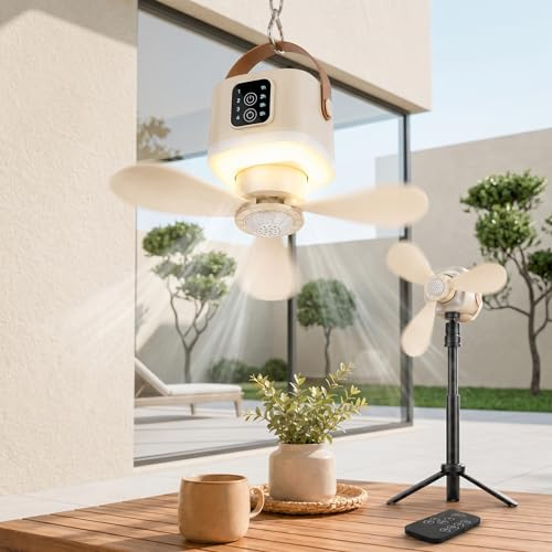 Deckenventilator mit Beleuchtung, 7200mAh Akku Camping Ventilator leise mit Fernbedienung & Halterung, 4 Lüfterstufen, 3 Helligkeitsstufen, Aromatherapie-Box, Leise für Terrasse, Pavillon, Wohnmobil