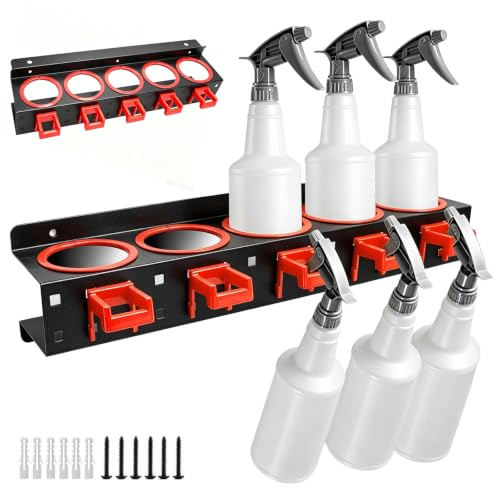1pc Spray Bottle Holder - Wall Mounted Spray Bottle Holder with 5 Holes & Hooks Heavy-Duty 70lbs Cap. Spray Aerosol Can Storage Holder for Car Detailing Garage Van Workshop Garden Tools Organization