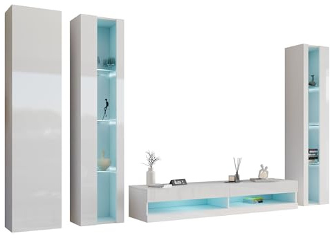 Mirjan24 Wohnwand Vigo New VI Anbauwand, Design Mediawand, Modernes Wohnzimmer Set, Hängeschrank TV Lowboard, Vitrine (mit Blauer LED Beleuchtung, Weiß/Weiß Hochglanz)