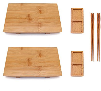BambooMN Bamboo Sushi Plate/Tray, Chopsticks and Compartment Sauce Dish, 9.8 Rectangle - 2 Sets