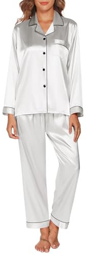GAESHOW Pyjamas for Women Silk Pjs for Women Soft Silk Satin Long Sleeve Button Down Sleepwear and Loungewear for All Seasons S-XXL Grey